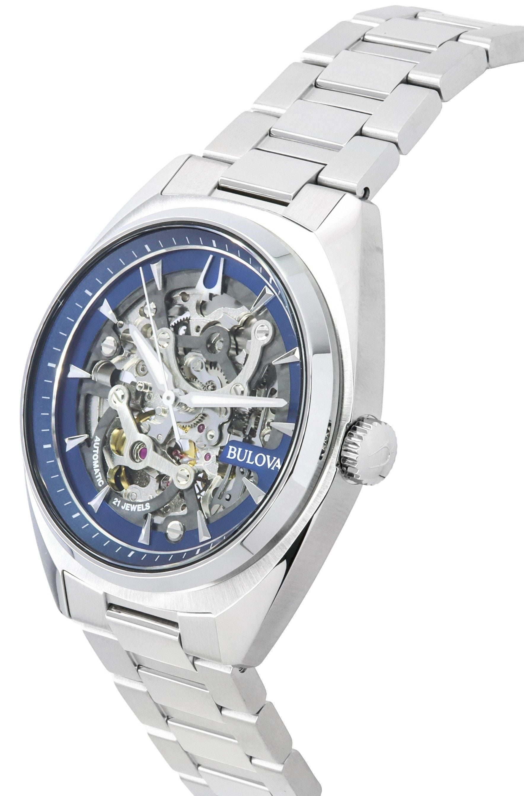 Bulova Classic Surveyor Stainless Steel Blue Skeleton Dial Automatic 96A292 100M Men's Watch