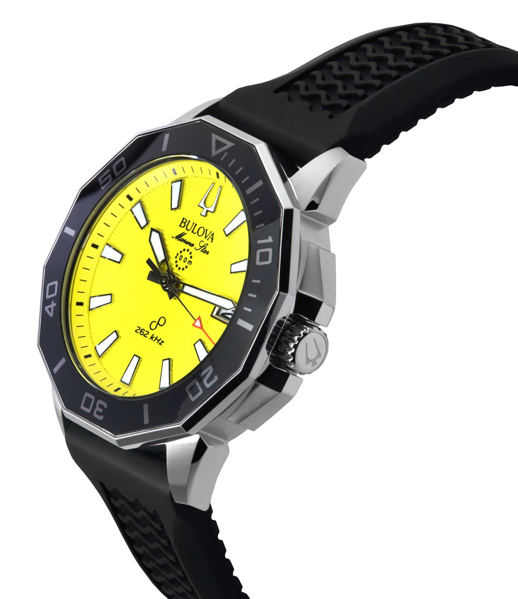 Bulova Marine Star Black Silicone Strap Yellow Dial Precisionist Quartz Diver's 200M 96B431 Men's Watch