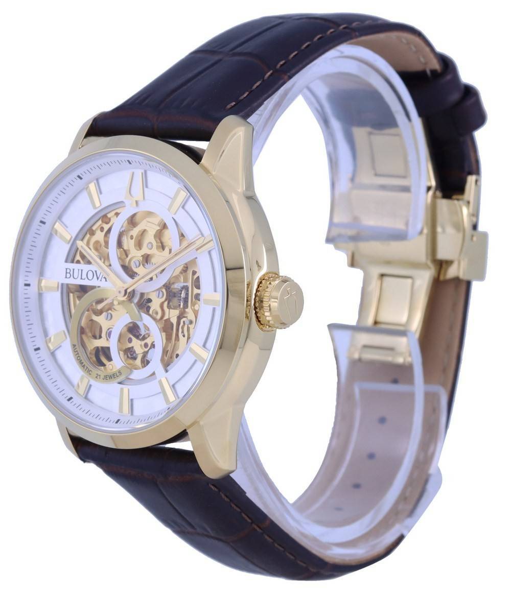 Bulova Classic Sutton Skeleton White Dial Leather Strap Automatic 97A138 Men's Watch
