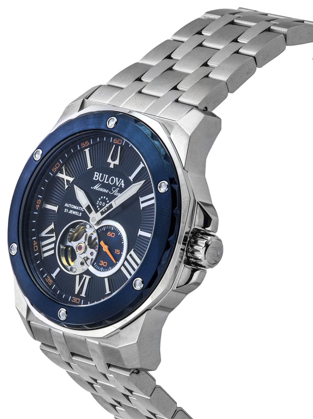 Bulova Marine Star Stainless Steel Open Heart Blue Dial Automatic 21 Jewels 98A302 200M Men's Watch