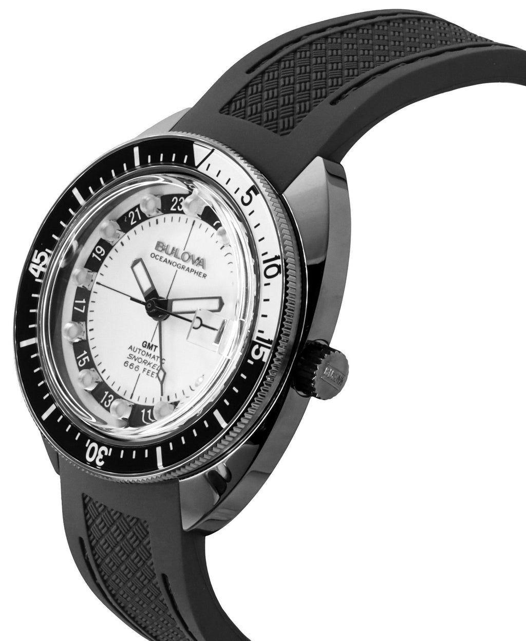 Bulova Oceanographer GMT PU Strap Full Lume White Dial Automatic Devil Diver's 98B407 200M Men's Watch