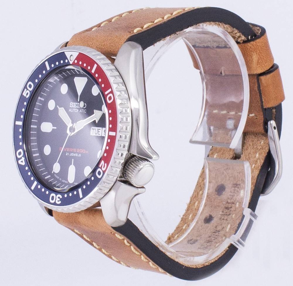 Seiko Automatic SKX009J1-var-LS17 Diver's 200M Japan Made Brown Leather Strap Men's Watch