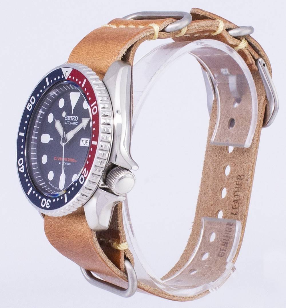 Seiko Automatic SKX009J1-var-LS18 Diver's 200M Japan Made Brown Leather Strap Men's Watch