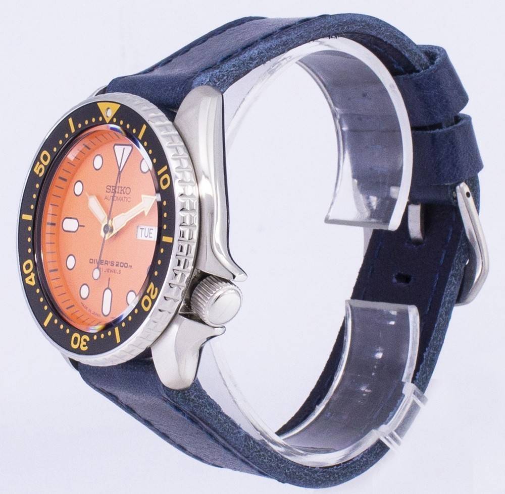 Seiko Automatic SKX011J1-var-LS13 Diver's 200M Dark Blue Leather Strap Men's Watch