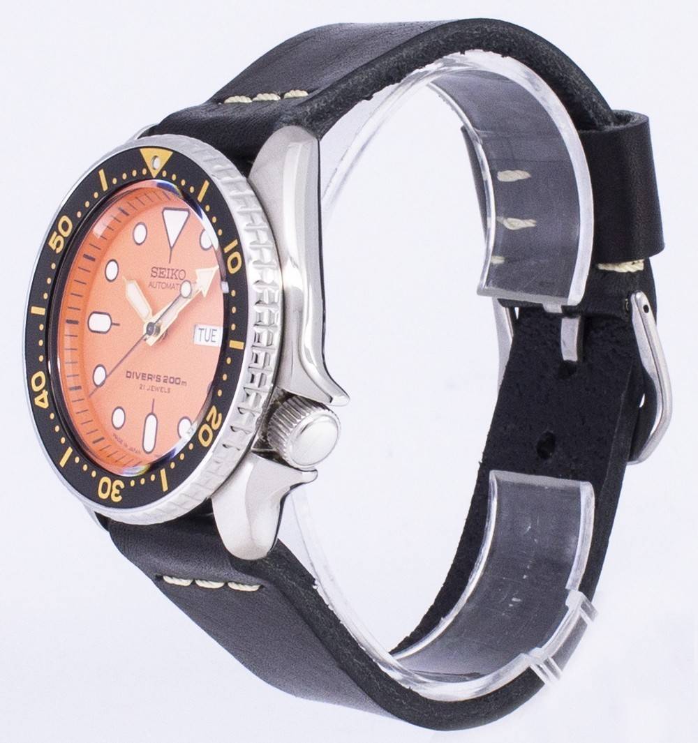 Seiko Automatic SKX011J1-var-LS14 Diver's 200M Japan Made Black Leather Strap Men's Watch
