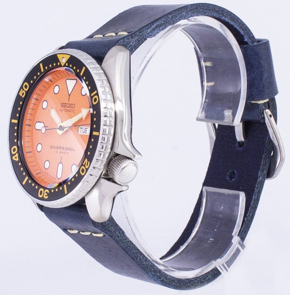 Seiko Automatic SKX011J1-var-LS15 Diver's 200M Dark Blue Leather Strap Men's Watch