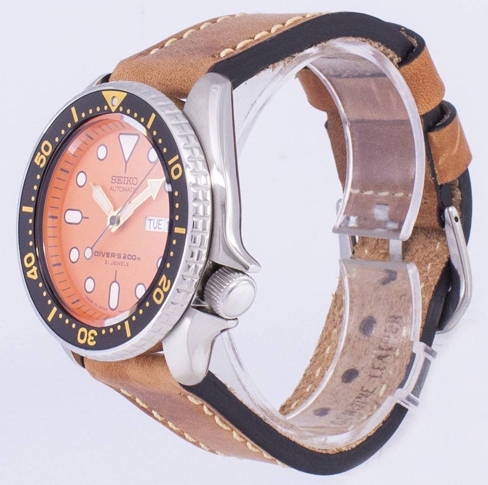 Seiko Automatic SKX011J1-var-LS17 Diver's 200M Japan Made Brown Leather Strap Men's Watch