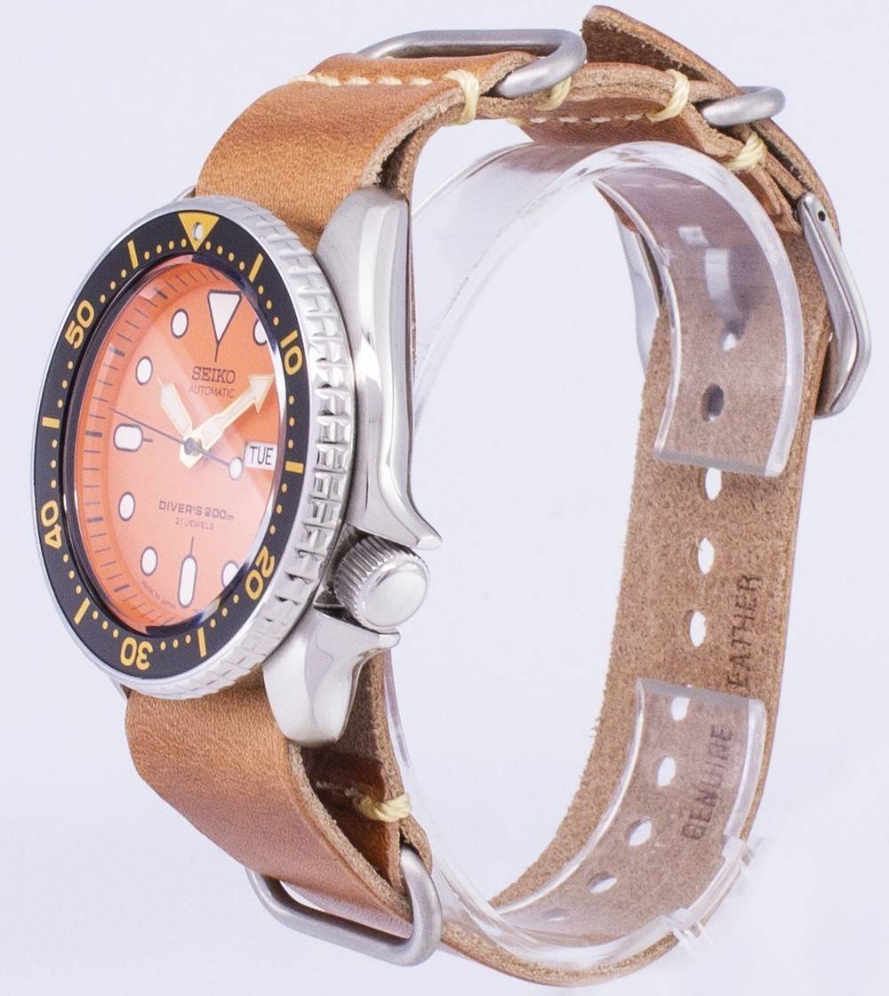 Seiko Automatic SKX011J1-var-LS18 Diver's 200M Japan Made Brown Leather Strap Men's Watch