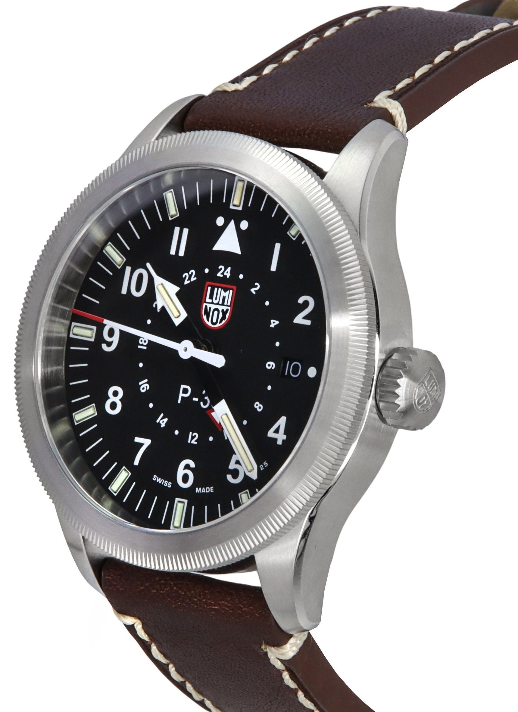 Luminox Air Pilot P-38 Lightning GMT Leather Strap Black Dial Swiss Quartz XA.9521 100M Men's Watch